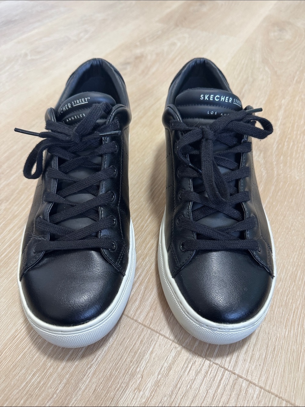 Skechers Black Leather Sneakers with White Sole